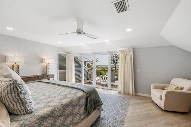 bedroom with ceiling fan, light hardwood / wood-style floors, lofted ceiling, and access to outside