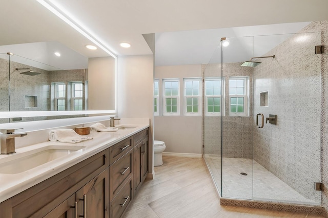 bathroom featuring a shower with door, vanity, a healthy amount of sunlight, and toilet