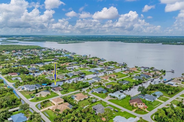 drone / aerial view featuring a water view