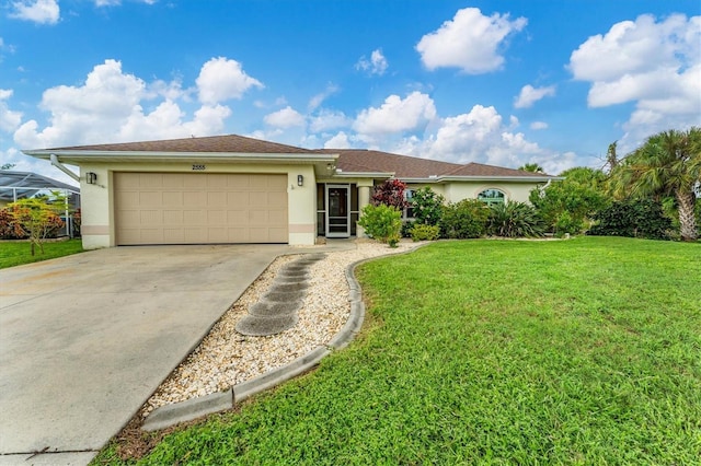 ranch-style house with a garage and a front lawn