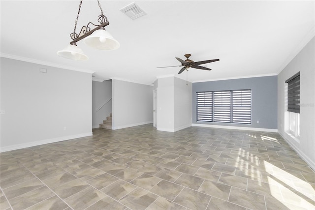 unfurnished living room featuring ceiling fan and ornamental molding