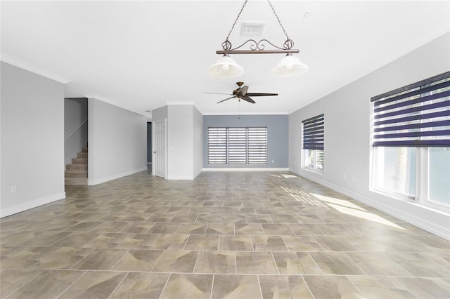 unfurnished living room with ceiling fan and ornamental molding