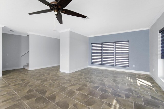 unfurnished living room featuring ceiling fan and crown molding