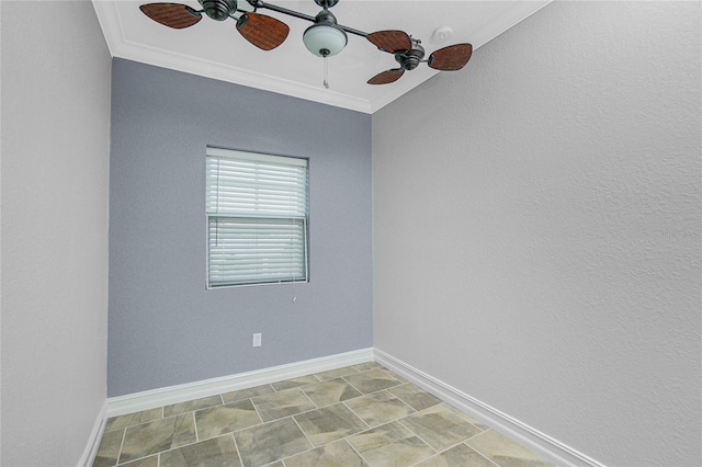 unfurnished room featuring ceiling fan and crown molding