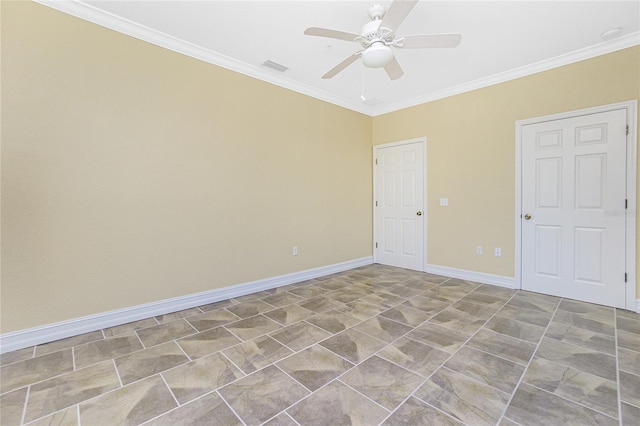 spare room featuring ceiling fan and ornamental molding