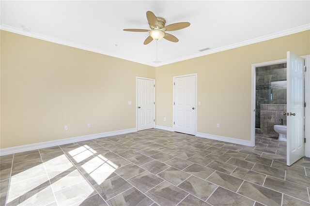 unfurnished bedroom with ensuite bath, ceiling fan, and ornamental molding