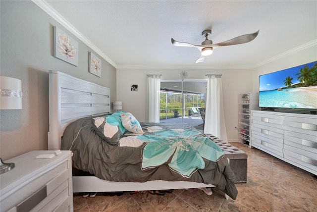 bedroom with ceiling fan, access to outside, and ornamental molding