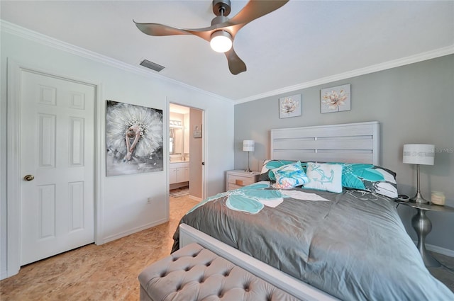 bedroom featuring connected bathroom, ornamental molding, and ceiling fan