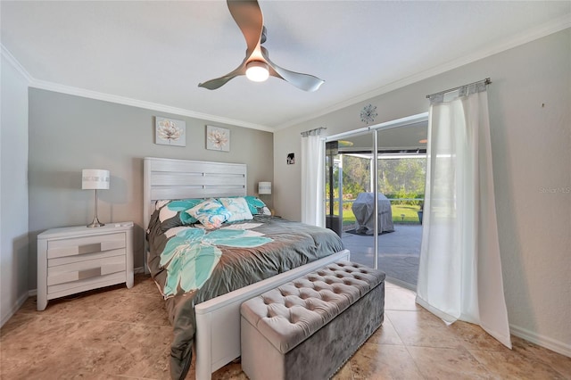 tiled bedroom featuring access to outside, ornamental molding, and ceiling fan