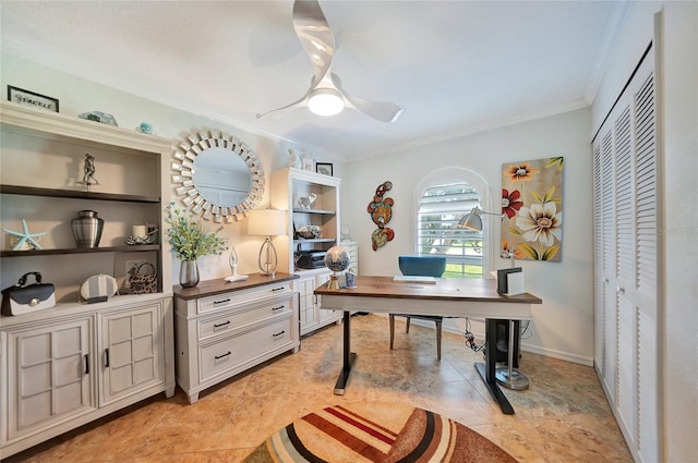 home office featuring crown molding and ceiling fan