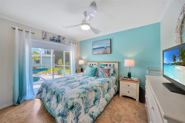 bedroom with ceiling fan, crown molding, and access to outside