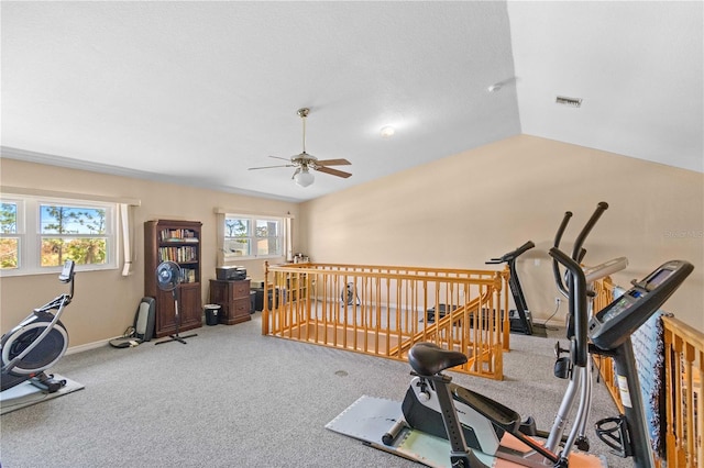 exercise area featuring a textured ceiling, ceiling fan, carpet, and vaulted ceiling