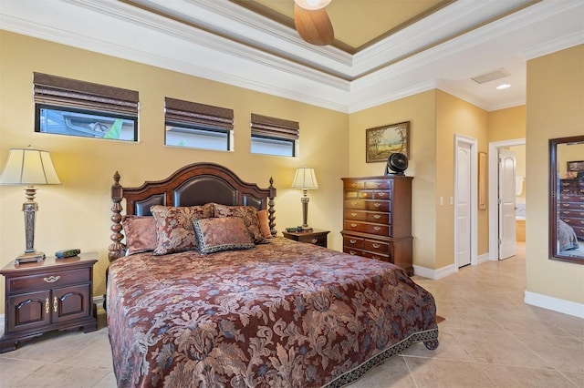 bedroom with ceiling fan, crown molding, ensuite bath, and light tile patterned floors