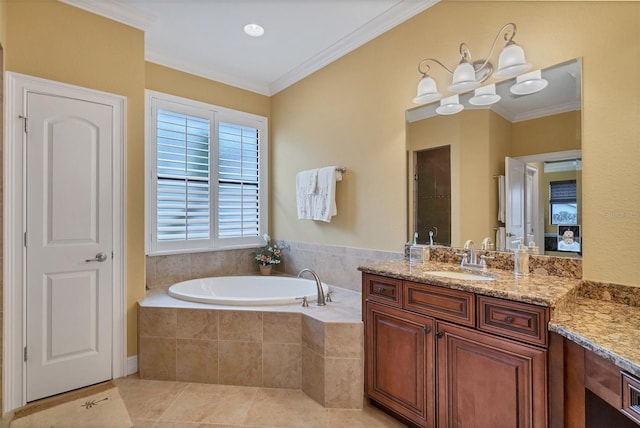 bathroom with ornamental molding, a relaxing tiled tub, tile patterned flooring, and vanity