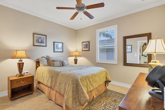 bedroom with ceiling fan, crown molding, and light tile patterned floors