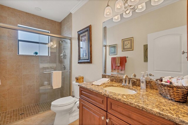 2517 Rio Grande Dr, Punta Gorda, FL 33950 - full bath featuring vanity, toilet, a shower stall, crown molding, and tile patterned floors