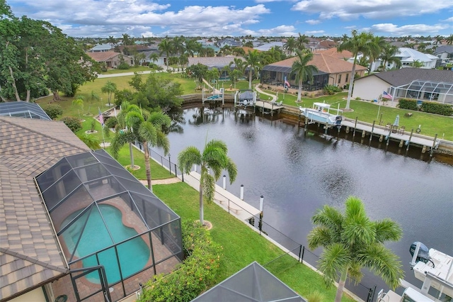 drone / aerial view featuring a water view