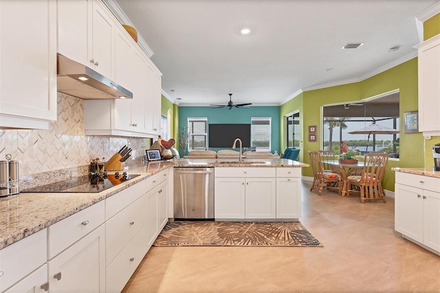 kitchen featuring black electric cooktop, sink, white cabinetry, ornamental molding, and dishwasher