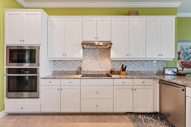 kitchen with ornamental molding, stainless steel appliances, and white cabinets