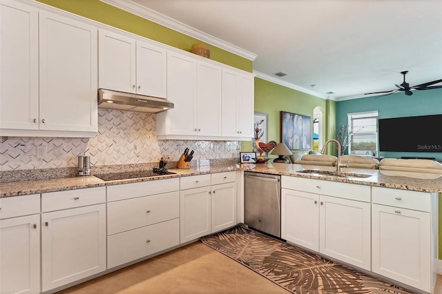 kitchen with white cabinets, dishwasher, sink, and kitchen peninsula