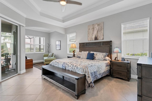 tiled bedroom featuring access to outside, crown molding, and ceiling fan