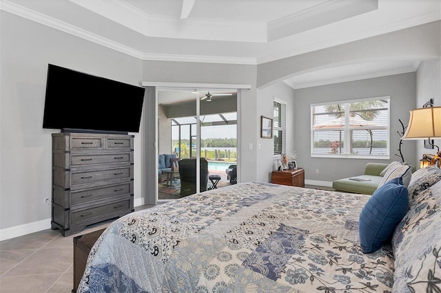 tiled bedroom with access to outside, crown molding, and ceiling fan