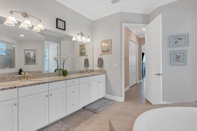 bathroom with plus walk in shower, crown molding, tile patterned floors, and vanity