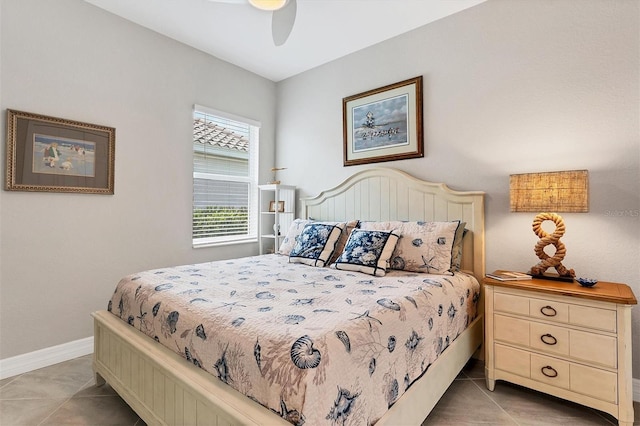 bedroom featuring ceiling fan and light tile patterned floors