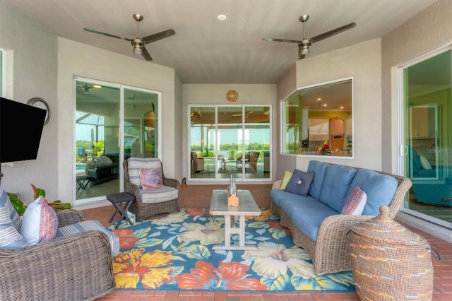 exterior space with an outdoor hangout area and ceiling fan