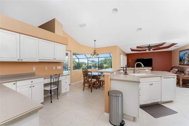 kitchen with dishwasher, hanging light fixtures, sink, white cabinetry, and ceiling fan