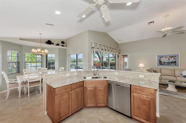 kitchen with a sink, stainless steel dishwasher, ceiling fan with notable chandelier, and lofted ceiling