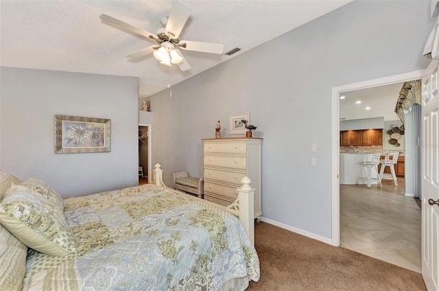 bedroom with ceiling fan, visible vents, a spacious closet, carpet flooring, and recessed lighting