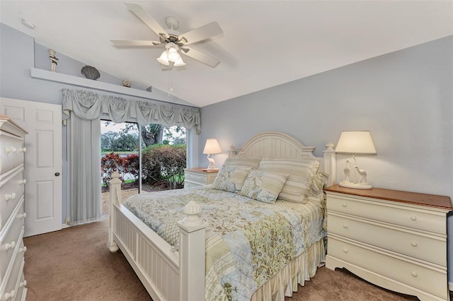 bedroom with lofted ceiling, access to exterior, carpet flooring, and ceiling fan