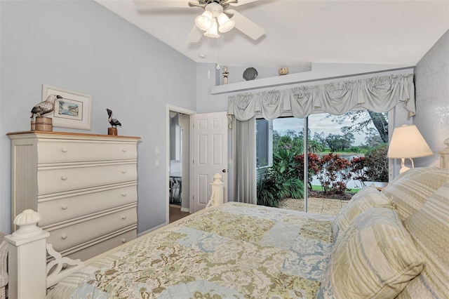 bedroom with access to exterior, ceiling fan, and vaulted ceiling