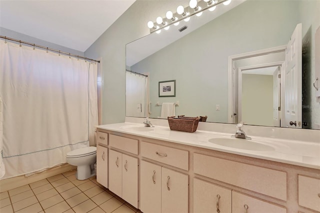 full bathroom featuring toilet, shower / bathtub combination with curtain, tile patterned floors, lofted ceiling, and vanity