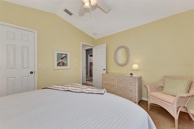 bedroom featuring ceiling fan, lofted ceiling, and carpet flooring