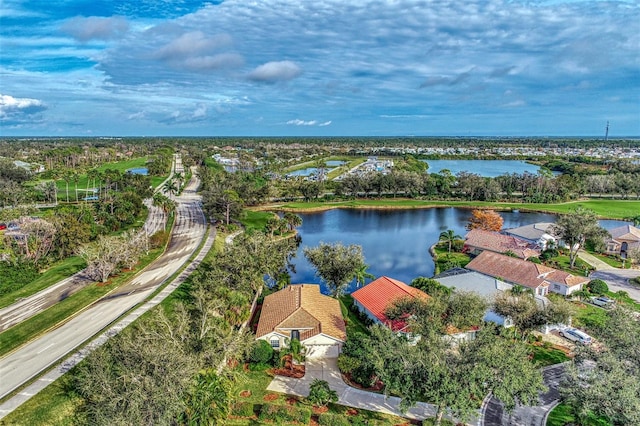 bird's eye view with a water view