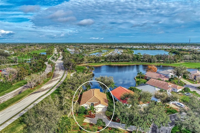 aerial view featuring a water view