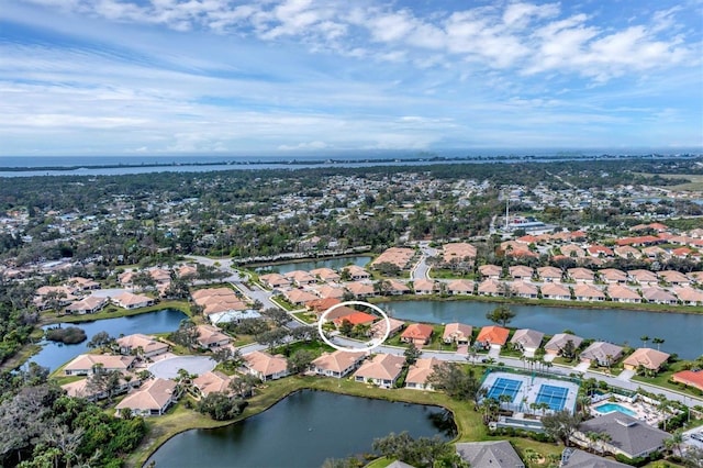 aerial view featuring a water view