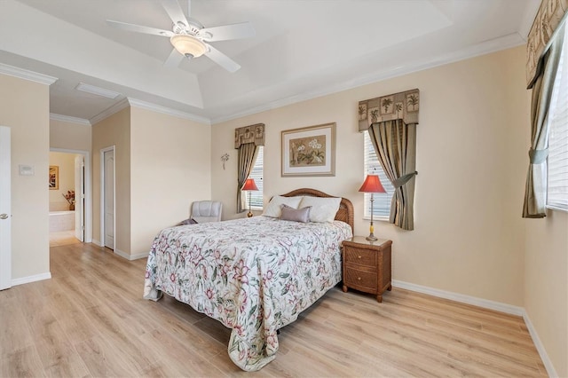 bedroom with connected bathroom, crown molding, light wood-type flooring, and ceiling fan