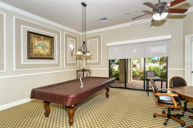 recreation room with billiards, ceiling fan, carpet floors, ornamental molding, and visible vents