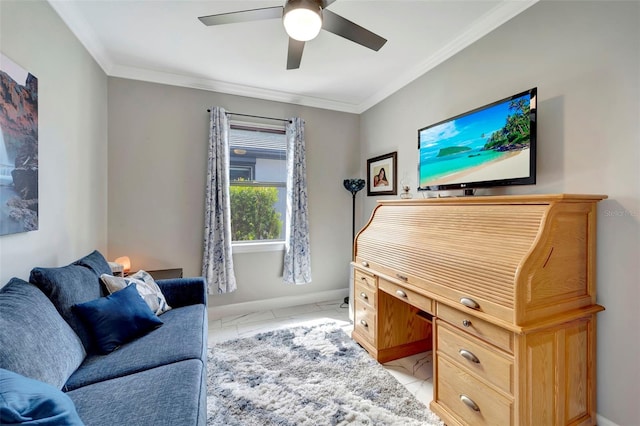 home office featuring crown molding and ceiling fan