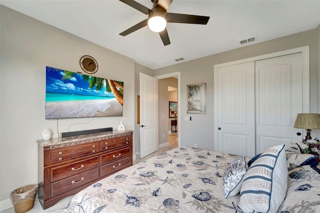 bedroom featuring ceiling fan and a closet