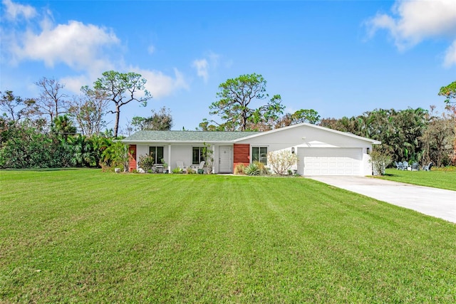 single story home with a front yard and a garage