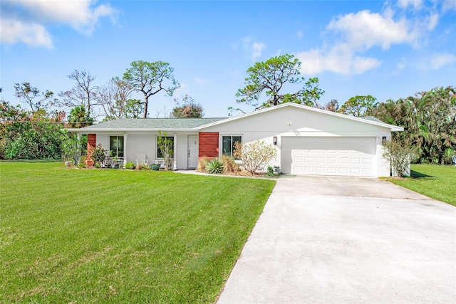 ranch-style home with a front lawn and a garage