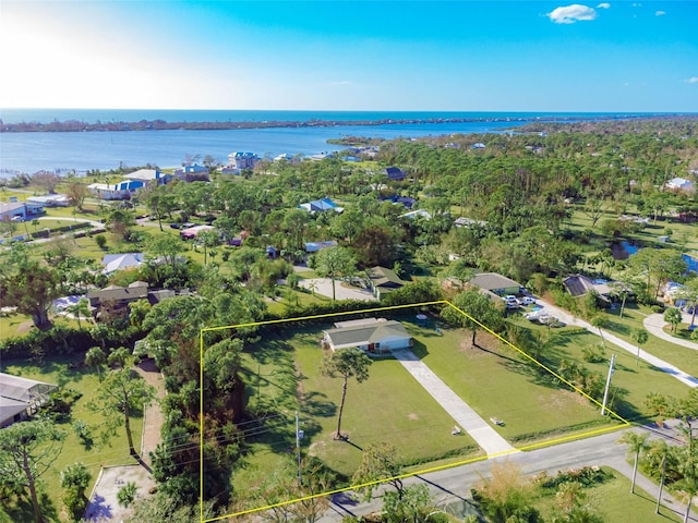 aerial view featuring a water view