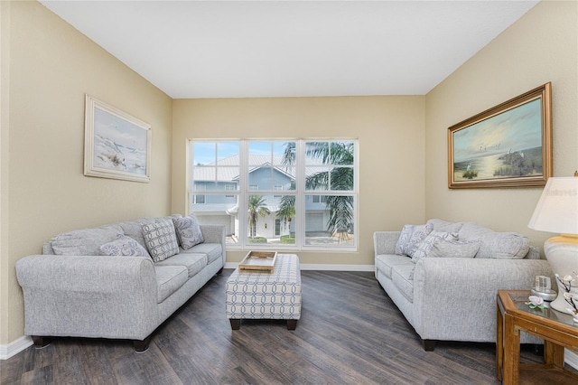 living room with dark hardwood / wood-style flooring