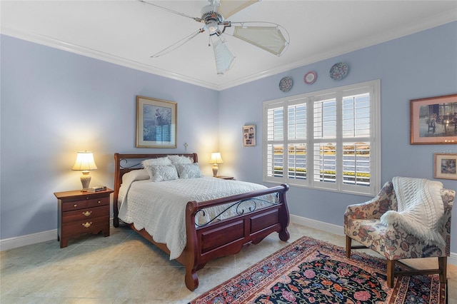 bedroom with ornamental molding and ceiling fan