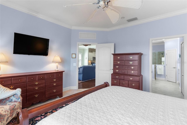 bedroom with ornamental molding and ceiling fan