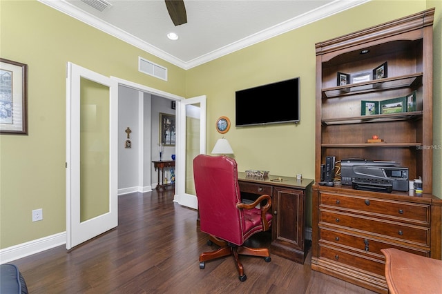 office area featuring french doors, ceiling fan, ornamental molding, and dark hardwood / wood-style floors